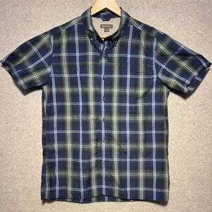 Eddie Bauer Mens Short Sleeve Plaid Button Down Shirt Blue Green Medium M